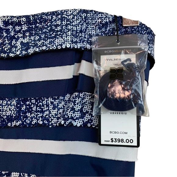 BCBG MaxAzria Milo Sequined Peplum Strapless Dress Navy White Size 2 - Picture 3 of 8